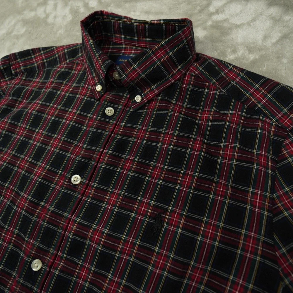 Ralph Lauren Boys XL 18-20 Button Up Shirt Black Red Plaid Preppy Holiday Logo